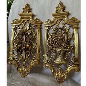 2 Vintage Wall Plaques Gold Hollywood Regency decor ornate floral cottage set